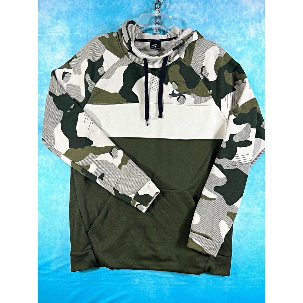 Nike Dri-FIT Mens Pullover Hoodie L Green Gray White Camo Pockets Fleece